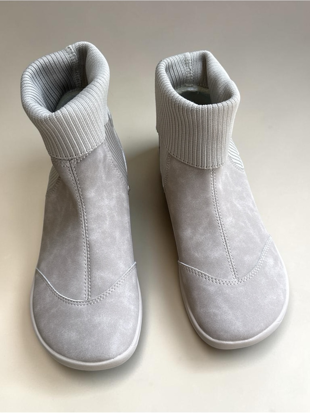 WHITIN Minimalist Beige Slip-On Ankle Boots with Wide Toe Box and Ribbed Cuff